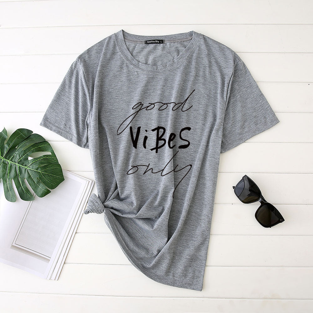 Women's Good Vibes Letter Print Funny T-shirt