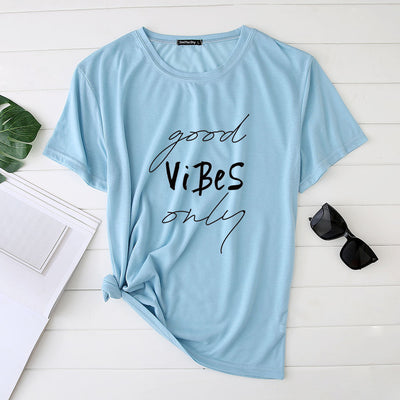 Women's Good Vibes Letter Print Funny T-shirt